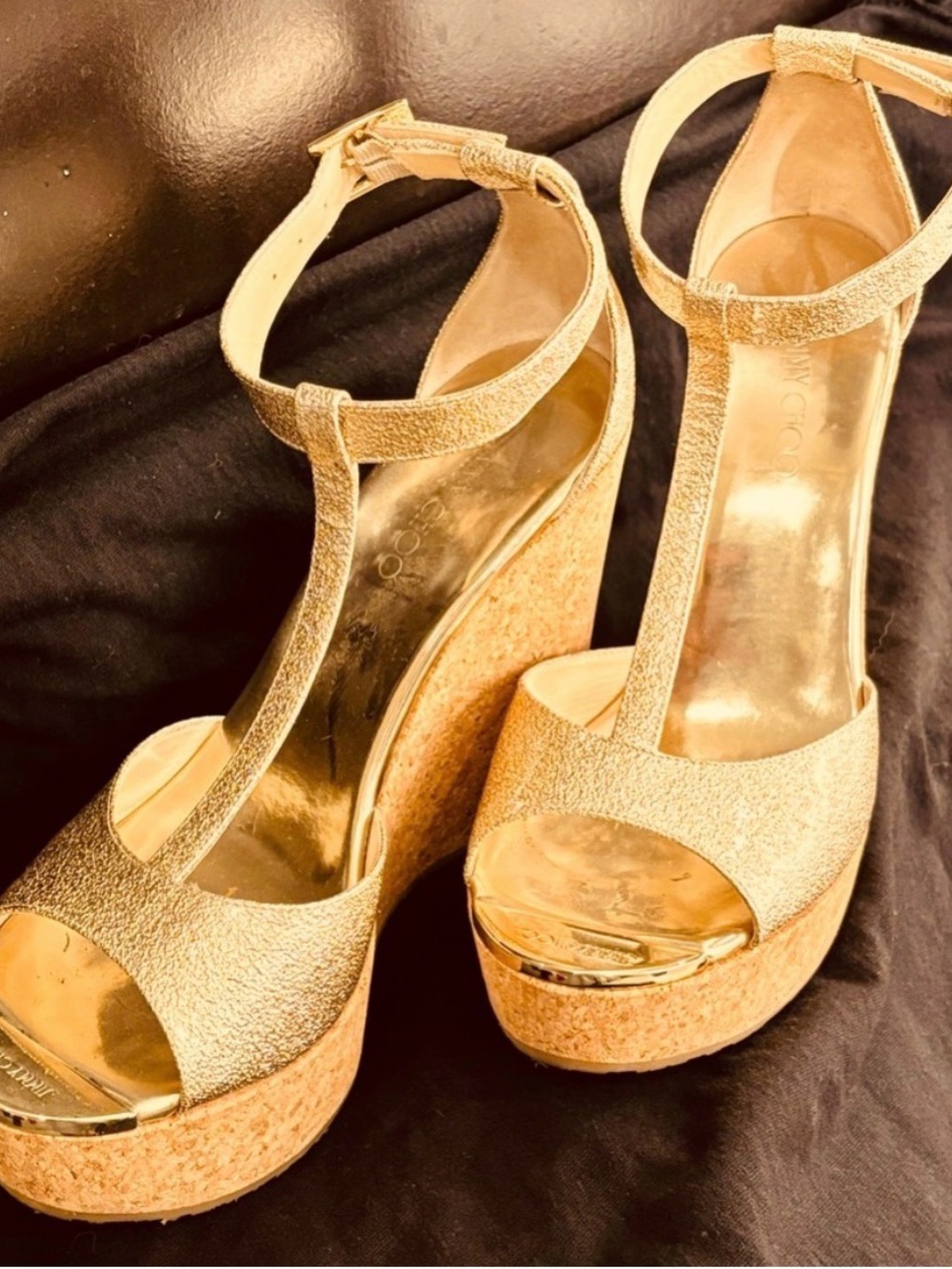 Jimmy choo Pela Gold T-Strap cork wedges sz 38.5